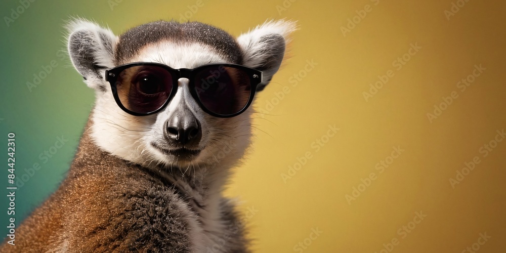 Lemur with Sunglasses on a Solid Background, Featuring Ample Copy Space
