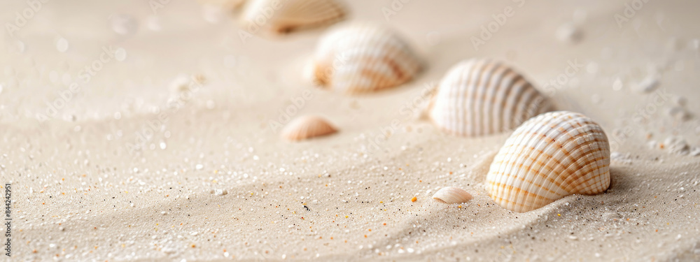 Seashells scattered on sandy background. Summer concept banner with copy space Seashells scattered on sandy background. Summer concept banner with copy space