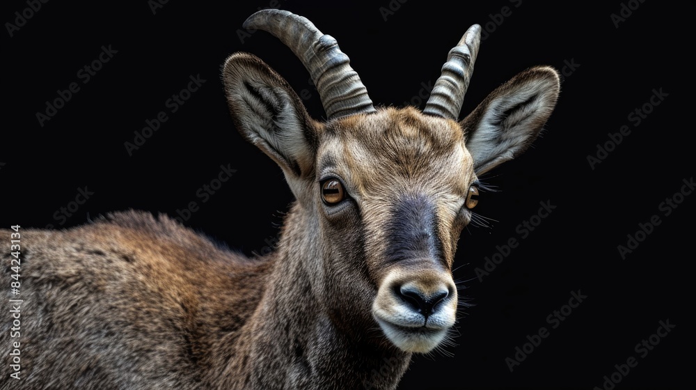 Close up Portrait of a Standing Alpine Ibex on an Isolated Black Background Close up Portrait of a Standing Alpine Ibex on an Isolated Black Background