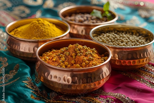 A close-up of traditional Indian spices arranged in copper bowls, set against a colorful fabric backdrop. Generative AI