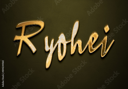 Old gold text effect of name Ryohei with 3D glossy style Mockup. photo