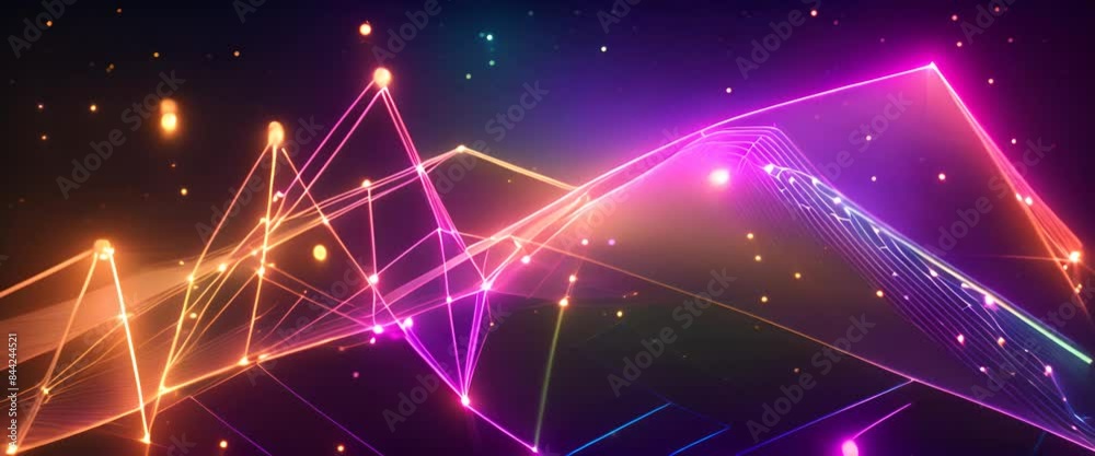 Bright, colorful lines of light connected by glowing dots, forming triangles and pentagons Bright, colorful lines of light connected by glowing dots, forming triangles and pentagons