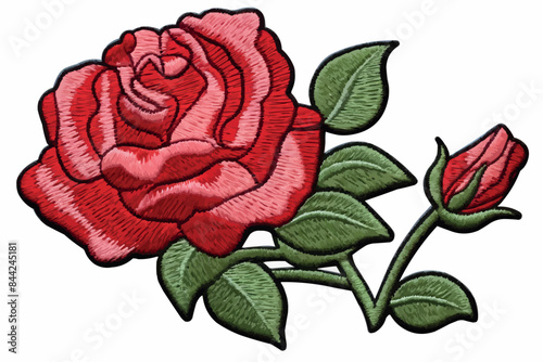 Embroidery red rose with green leaves on black background. Stock line vector illustration.