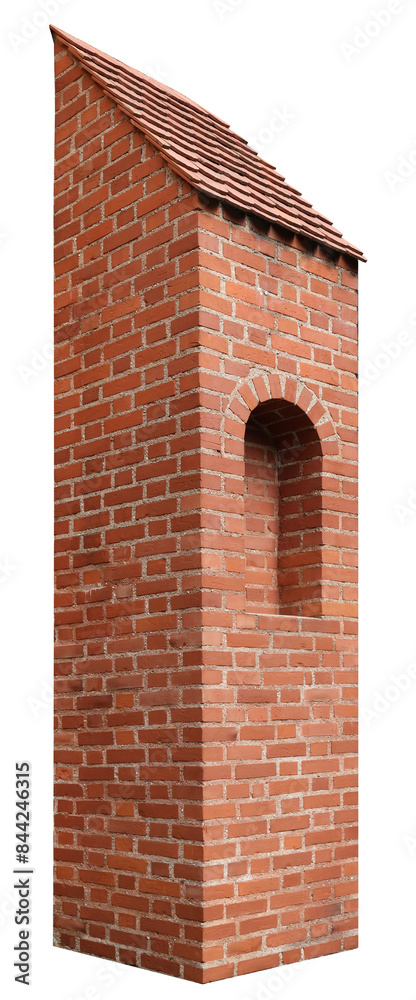 Architectural decoration in the form of a red brick column with a tiled roof isolated