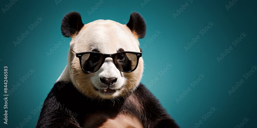 Obraz premium Panda with Sunglasses on a Solid Background, Featuring Ample Copy Space 