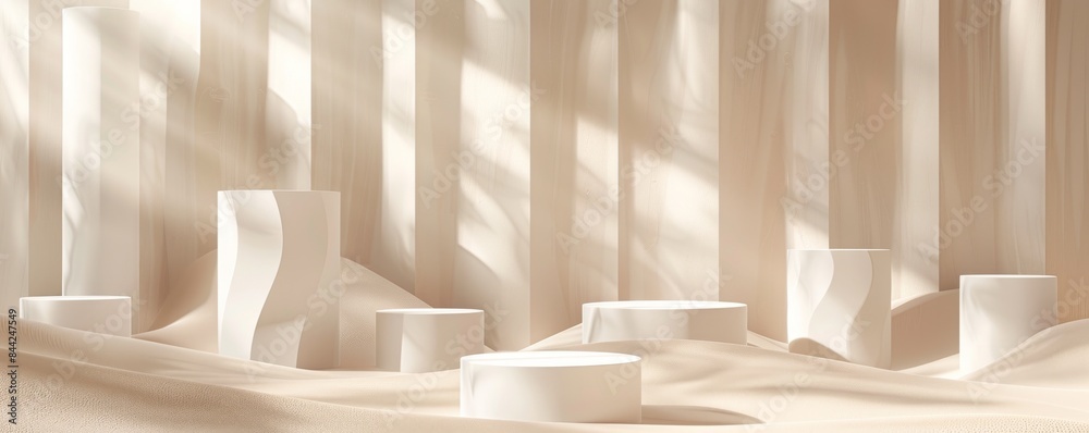 A white background with a row of white pillars or pedestals A white background with a row of white pillars or pedestals