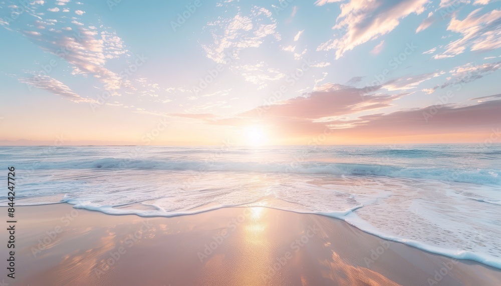 A beautiful beach scene with a bright orange sun reflecting on the water A beautiful beach scene with a bright orange sun reflecting on the water