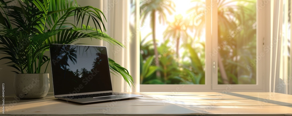 A laptop is on a desk next to a potted plant A laptop is on a desk next to a potted plant