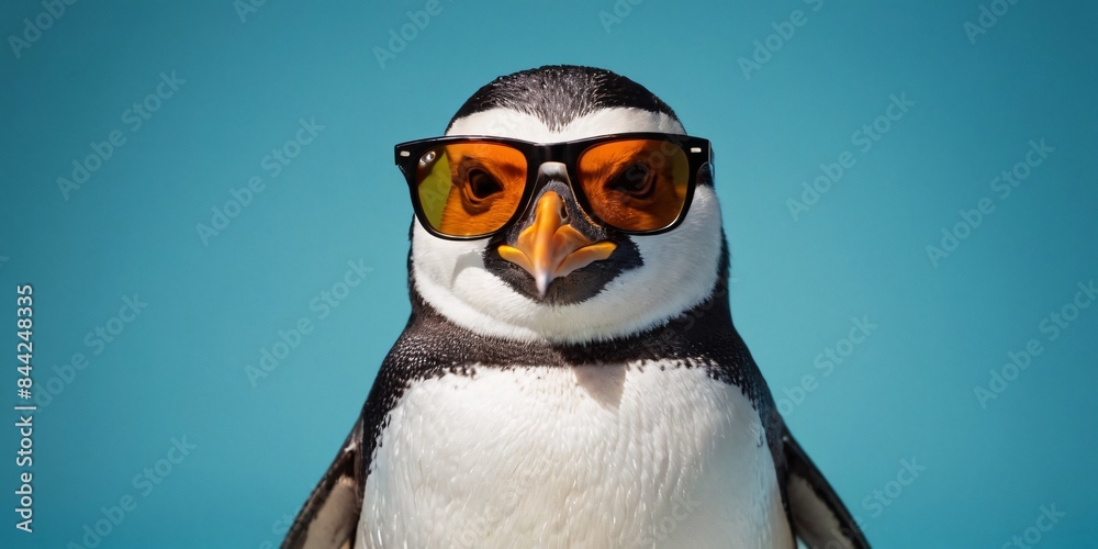 Fototapeta premium Penguin with Sunglasses on a Solid Background, Featuring Ample Copy Space 