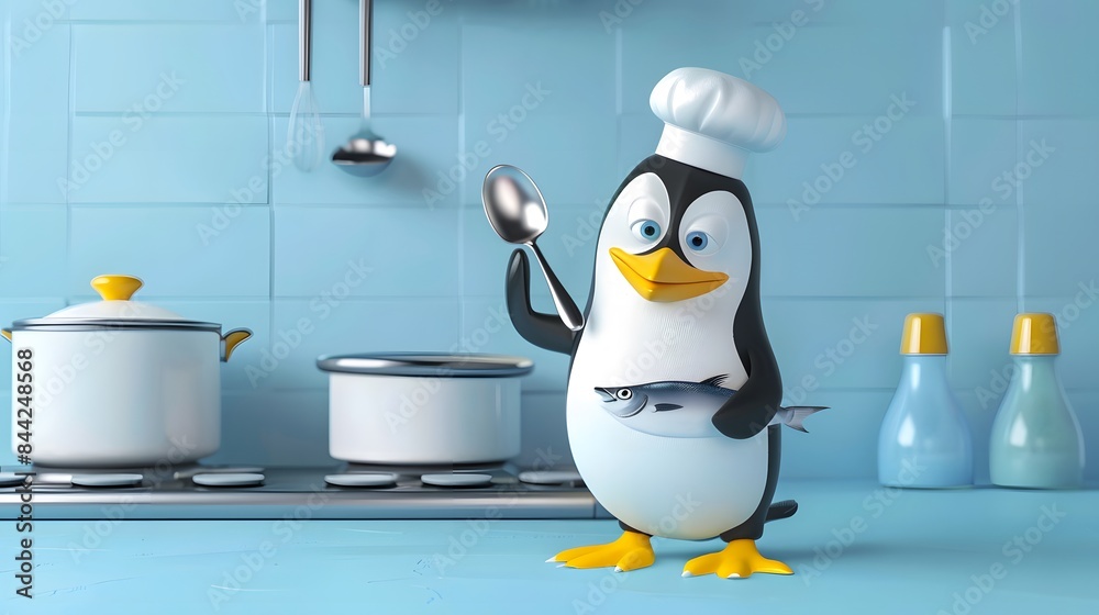 Fototapeta premium Illustration of Penguin chef holding a spoon and knife, standing in front of a tiny stove, cooking a fish, adorable and playful. Ai Generate.