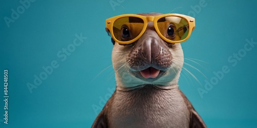 Animal with Sunglasses on a Solid Background, Featuring Ample Copy Space 