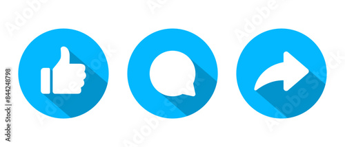 Like, comment, and share arrow icon with long shadow. Social media post reaction button