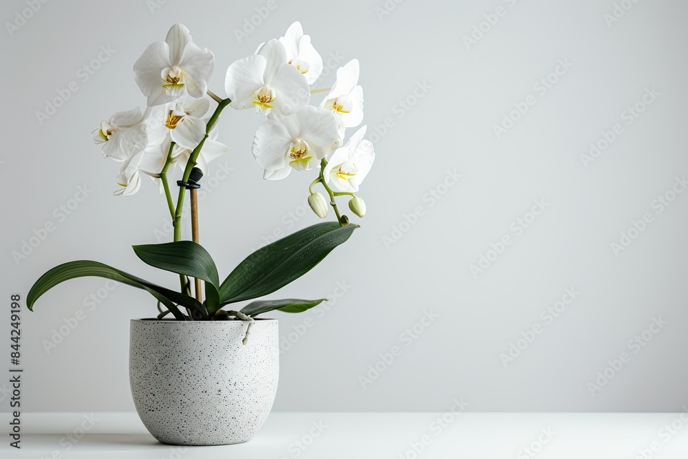 A close-up shot of a single potted orchid, focusing on the intricate details of its blooms and foliage A close-up shot of a single potted orchid, focusing on the intricate details of its blooms and foliage