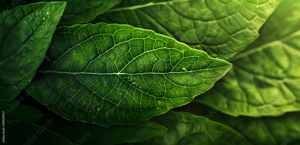 Close-up of vibrant green leaves, displaying intricate veins and textures. Close-up of vibrant green leaves, displaying intricate veins and textures.