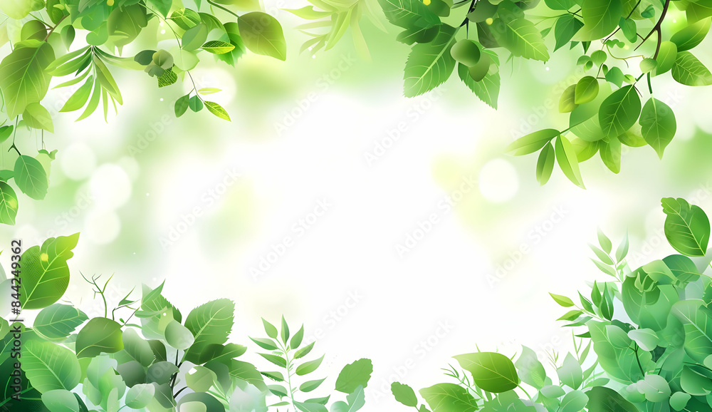 Green leaves frame a bright, white background, creating a natural, vibrant border. Perfect for spring and summer themes. Green leaves frame a bright, white background, creating a natural, vibrant border. Perfect for spring and summer themes.