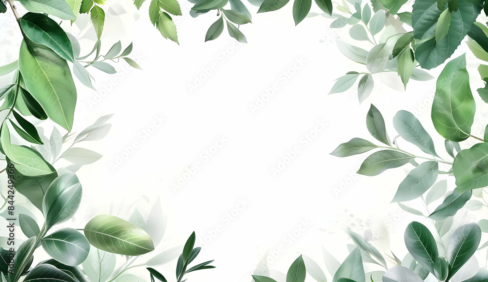 Fototapeta premium Green leaves frame a white background, creating a natural and elegant border. Perfect for invitations, cards, or branding.