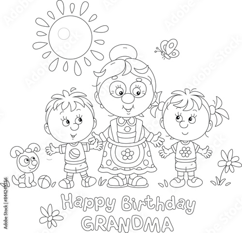 Happy birthday grandma card with a funny grandmother and her little grandson and granddaughter with their puppy on a sunny summer day, black and white vector illustration for a coloring book