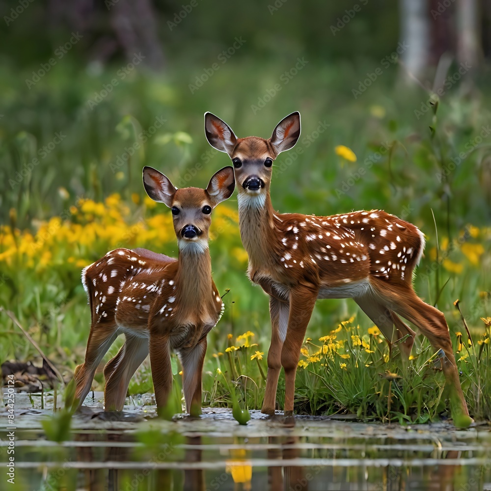 Twin baby fawns in a wildflower meadow next to water