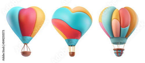 Hot air balloon colorful festival plasticine 3d vector. Cartoon cute abstract day card element. Fun aircraft illustration. Wind in sunset flying symbol. Sky travel, air journey, airship cutout render.