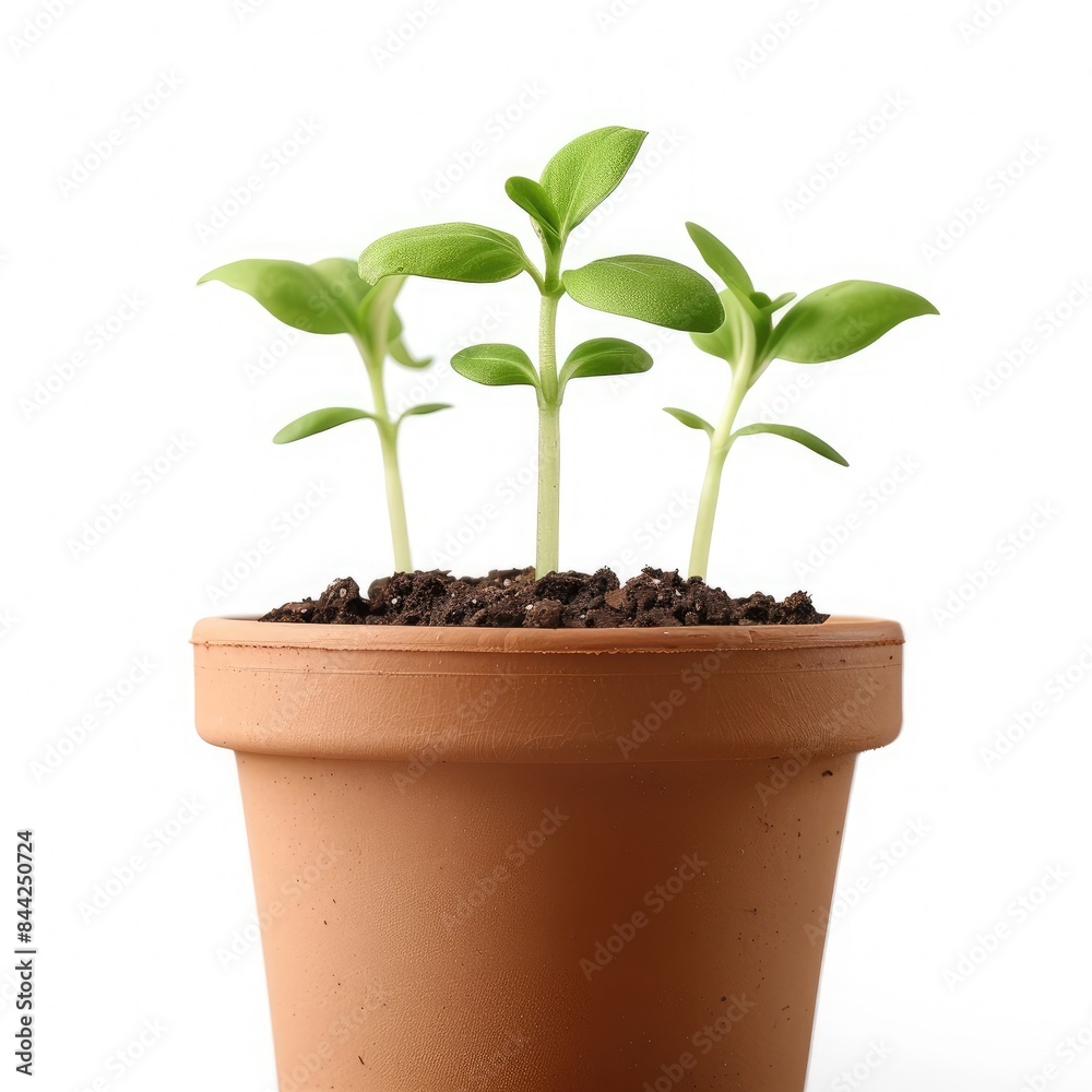A cluster of young seedlings peeking out of nutrient-rich soil in terracotta pots A cluster of young seedlings peeking out of nutrient-rich soil in terracotta pots
