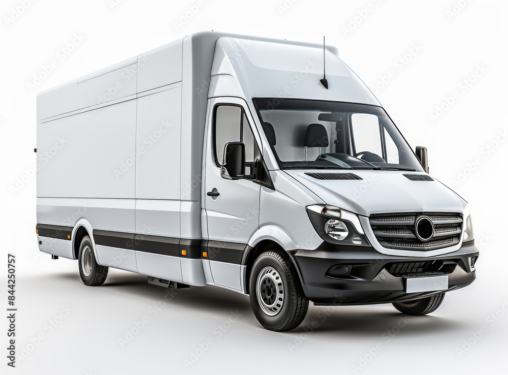 A white delivery van parked in a dimly lit room.