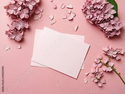 A mock-up scene for feminine floral wedding and birthday stationery. A blank greeting card with deckled edges made of cotton paper. Dried hydrangea flower petals scattered on a pink tabletop