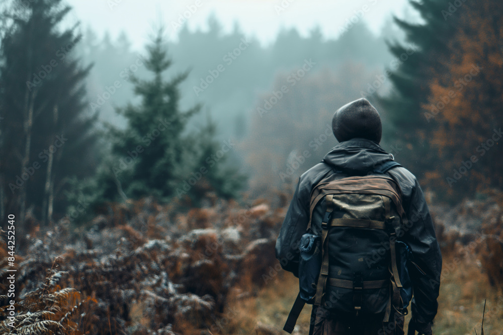 Man with backpack standing in the middle of a foggy forest Man with backpack standing in the middle of a foggy forest