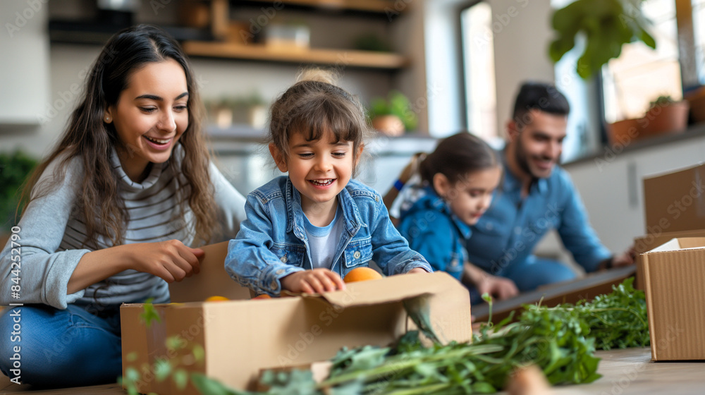 Family happily unpacking boxes in their new home, children playing with packing materials, and parents organizing their new space. Generative ai illustration. Family happily unpacking boxes in their new home, children playing with packing materials, and parents organizing their new space. Generative ai illustration.