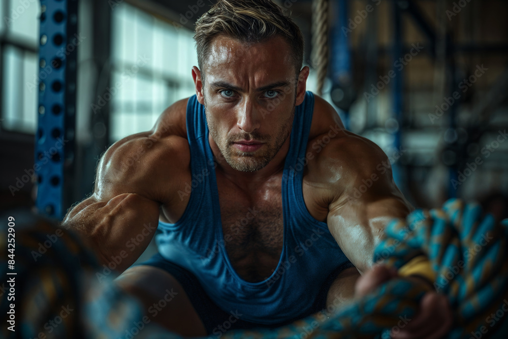 Fototapeta premium Focused Male Athlete Pulling Battle Ropes in Gym, Demonstrating Intense Workout and Strength Training with Determined Expression, Blue Tank Top