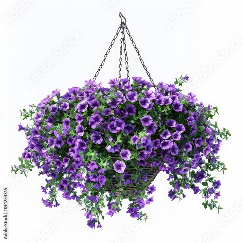 A hanging basket pot filled with trailing purple viola flowers photo