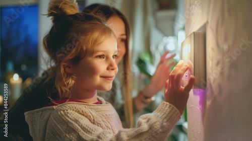 Girl helping mother lower heating temperature on thermostat for sustainable and efficient home heating technology