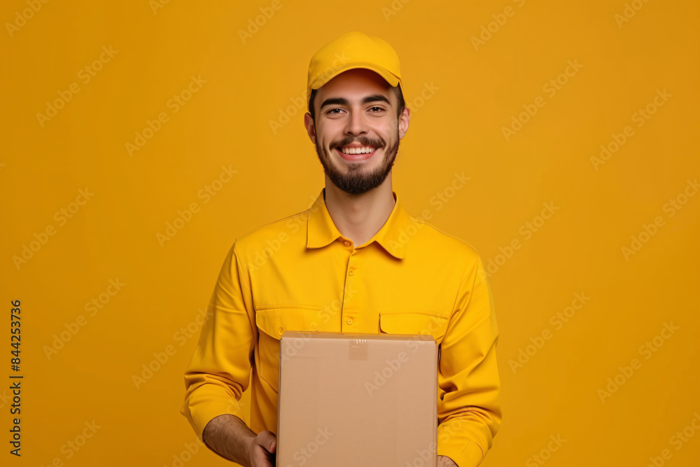 worker friendly smile holding a cardboard box, against an elegant color background worker friendly smile holding a cardboard box, against an elegant color background