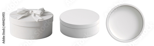 Set of isolated mockup of 3 white circle gift boxes on a transparent background. Plain present box for custom illustration and pattern design. Isometric, front, top and open view.