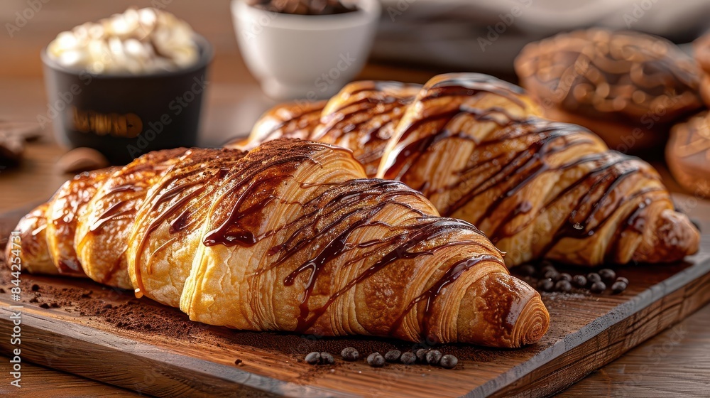 Capture a delectable croissant, warm and fresh, gleaming with a light glaze at eye-level Rich textures and inviting warmth are key