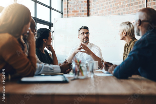 Fotografie Man, manager and business meeting in boardroom for financial growth with discussion at table