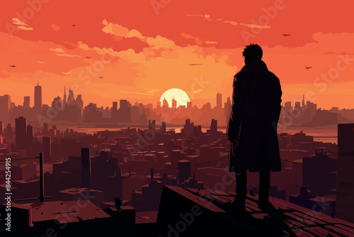 woman standing on the sea looking at the burning city, digital art style, illustration painting