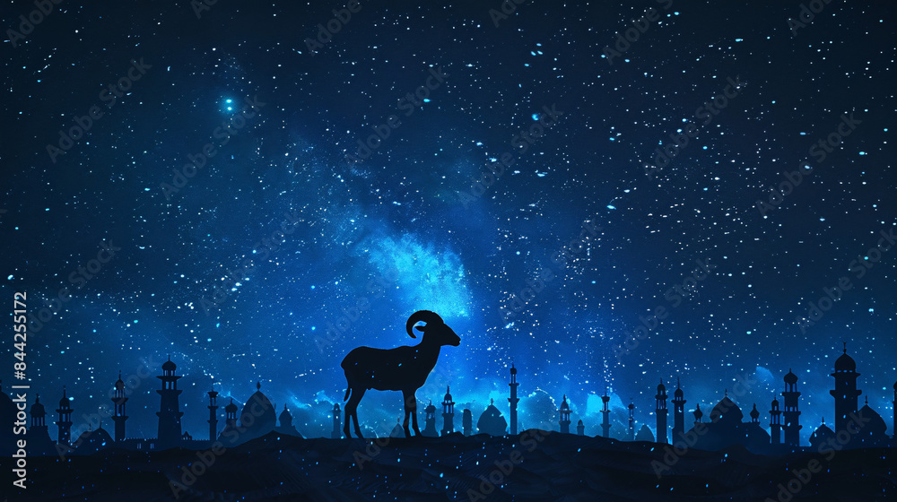 Silhouette of a ram against the blue starry sky and buildings of a Muslim city, celebrating the religious feast of sacrifice Eid al-Adha.