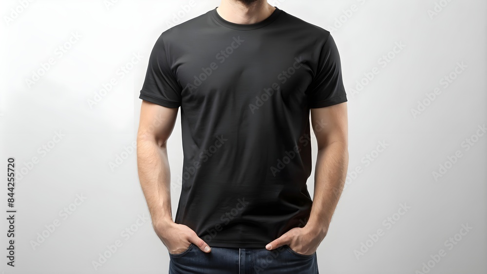 black t shirt mockup. Man wearing a plain black t-shirt