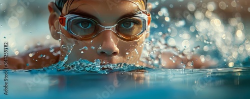 Show a closeup of a swimmer s face and upper body as they perform a freestyle stroke photo