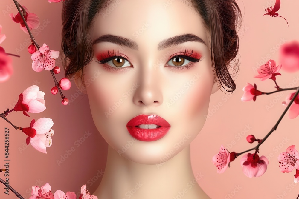 Produce a vibrant, digital illustration of a traditional Japanese geisha in a frontal view, showcasing intricate floral patterns on her kimono Produce a vibrant, digital illustration of a traditional Japanese geisha in a frontal view, showcasing intricate floral patterns on her kimono