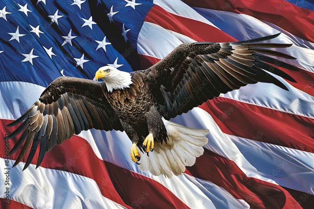 Naklejka premium Bald eagle soaring against backdrop of American flag. Depiction of strength and national pride. Patriotism concept
