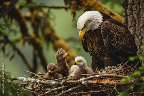 Bald eagle parent feeding eaglets in the nest. Symbolic representation of nurturing instincts and family values photo