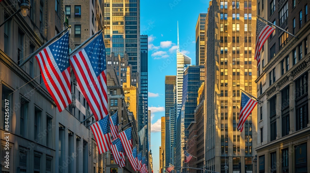 Obraz premium Panoramic city skyline with American flags waving, celebrating Independence Day. Patriotic concept