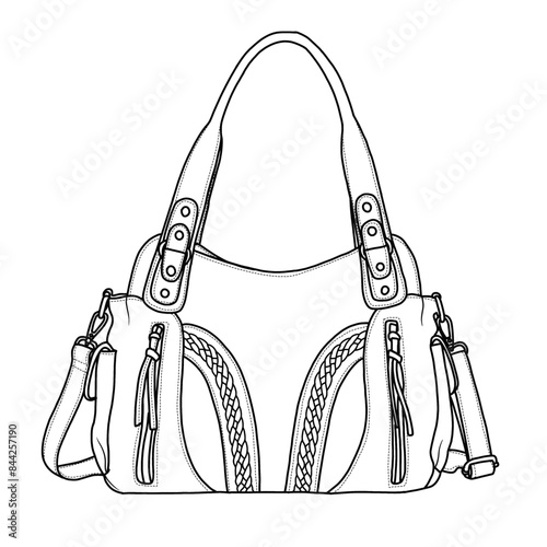 Women Roomy Handbags with Cross body Strap Line art, outline vector doodle illustration front view, isolated on white background