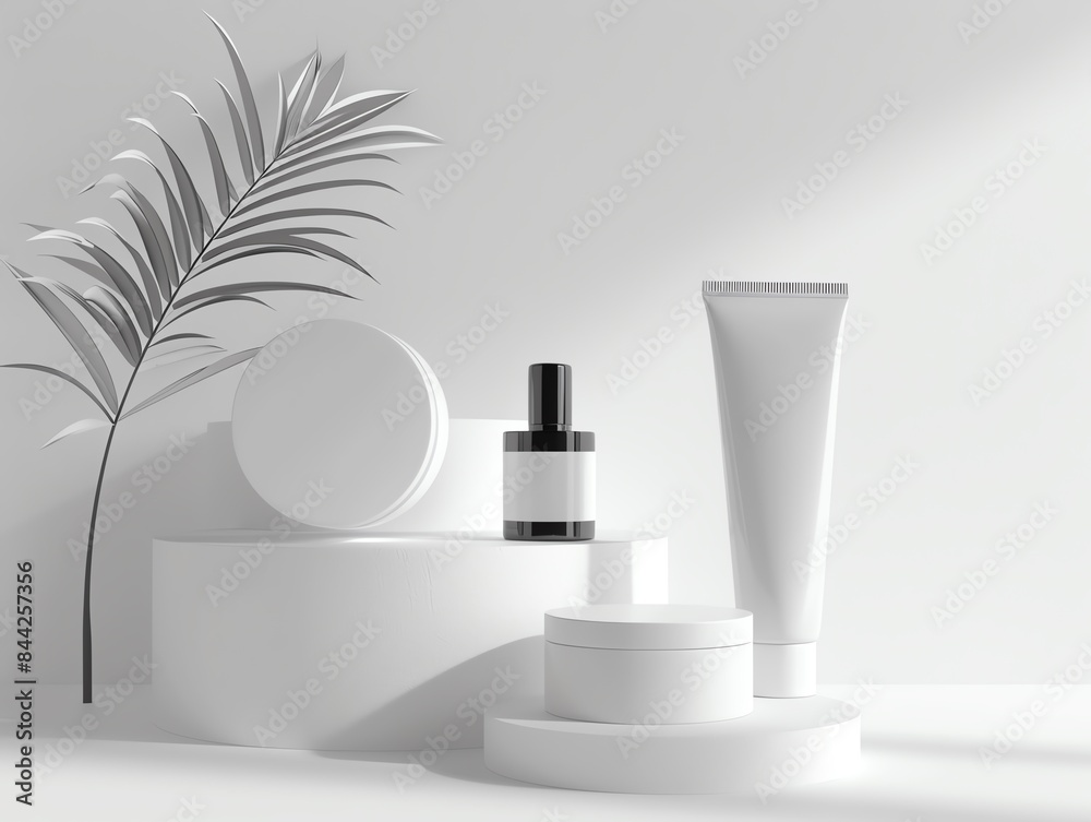 Minimalistic skincare product display with shadows and a palm leaf, featuring various cosmetic containers on white background. Minimalistic skincare product display with shadows and a palm leaf, featuring various cosmetic containers on white background.