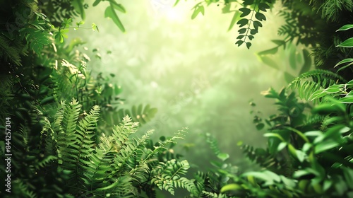 Lush green tropical jungle with abundant foliage, creating a serene, natural atmosphere. Sunlight filters through dense leaves, enhancing the vibrant greenery.