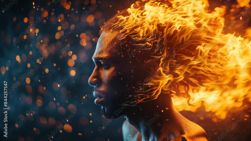 Man with fire emitting from head in dark background power and passion captured in artistic display
