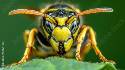 Close up image of Vespula Atropilosa Prairie Yellow Jacket Wasp with a green backdrop