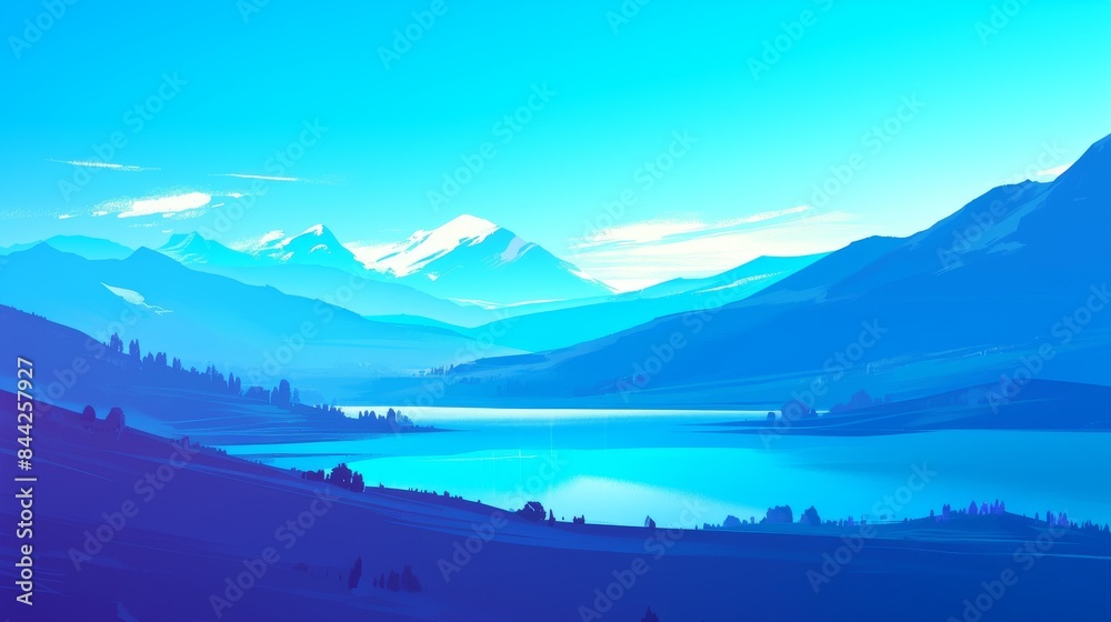 A Serene Blue Landscape with Mountains and a Lake A Serene Blue Landscape with Mountains and a Lake