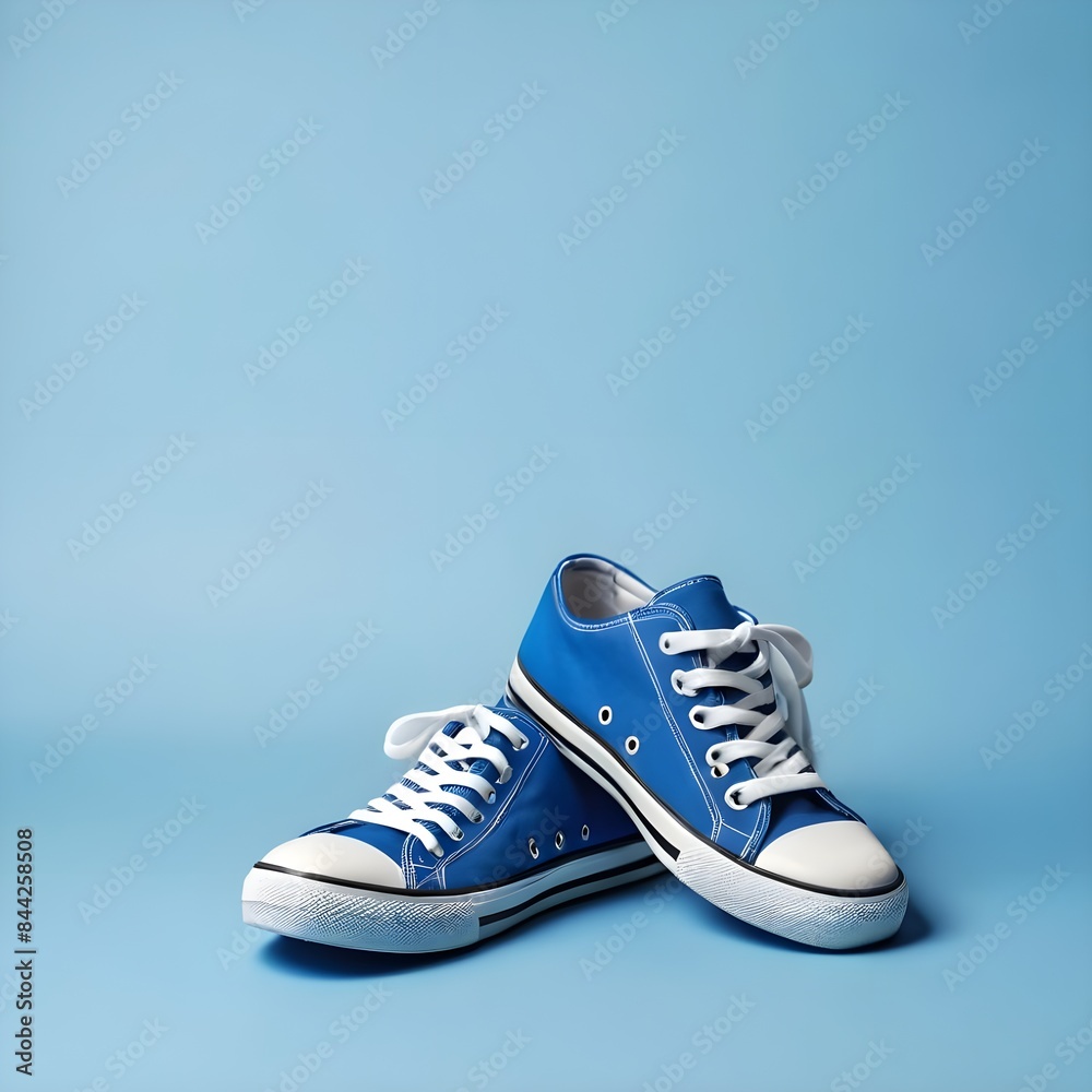shoes isolated on white, blue sneakers with white soles and white laces against a blue background, pair of sneakers, shoes in blue and white. Things for the little ones on a blue background


